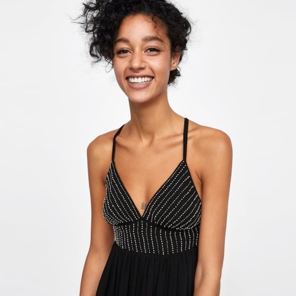NWT Zara Size L Mini Beaded Strappy Dress Summer Cocktail LBD - Picture 2 of 6